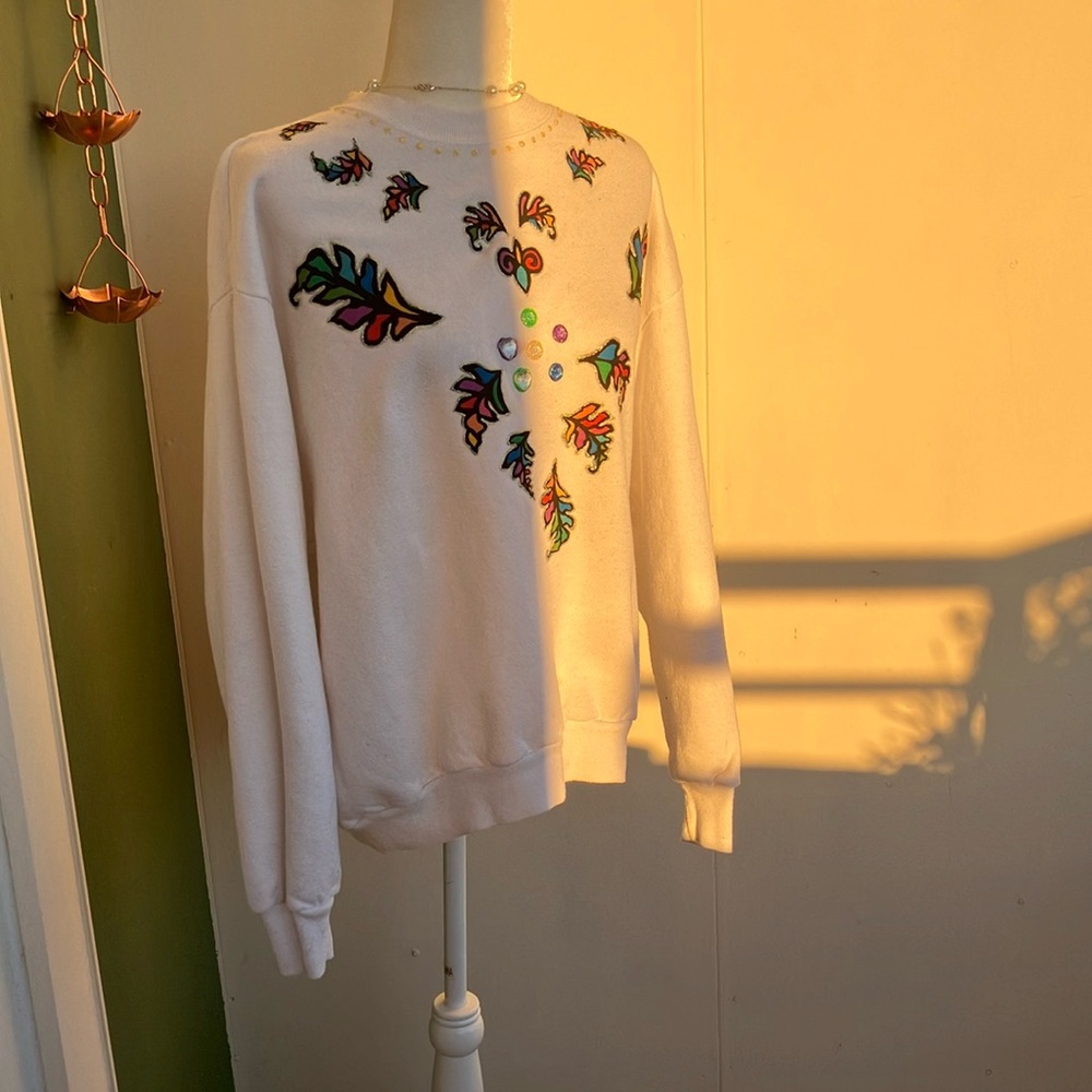 Vintage 80s 90s Rainbow Leaf Puff Paint Sweatshirt
